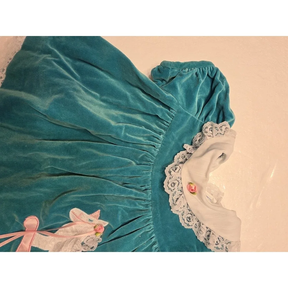 Vintage Nannette Baby Girls Velvet Dress 6-9 M Teal Rocking Horse Lace Collar